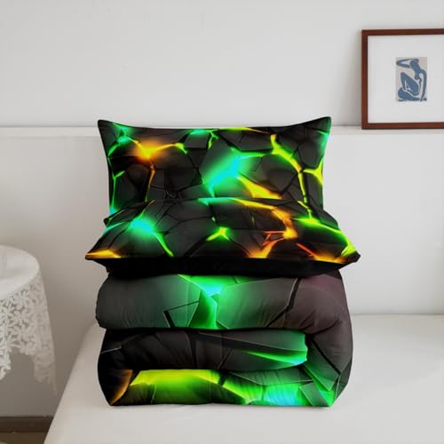 Image of Feelyou Kids Green Yellow Honeycomb Comforter Set Queen Size, Hexagonal Bedding Set Beehive Duvet Insert Boys Girls Teens Bedroom Decor with 2 Pillow Case