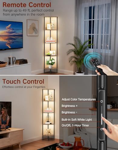 Miniatura 3 de Librería Esquinera con Luz LED Integrada, 3 Tonos de Luz, Regulable por Tacto y Mando a Distancia, Lámpara de Pie Alta con 5 Niveles para Sala de Estar, Dormitorio y Oficina