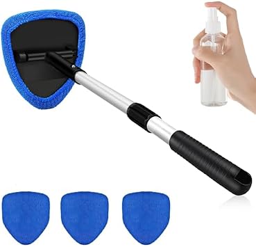 Car Windshield Cleaning Tool Wiper with Microfiber Cloth Reusable Telescopic Spray Bottle with 4 Replacement Cloth for Glass, Auto Cleaning Kit for Windshield, Interior Wipe, Interior Window Blue