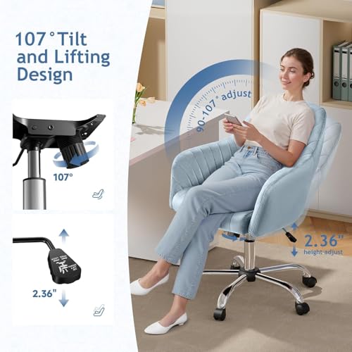 Image of AZAKEE Velvet Office Chair with Wheels & Armrests - Mid-Back Swivel Desk Chair for Home Office, Study, Bedroom & Vanity - Adjustable Height, Comfortable & Stylish (Grey)
