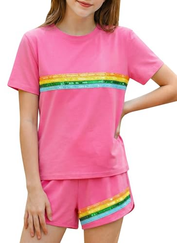 Kids4ever Girls Clothes Summer 2 Piece Outfits Kids Rainbow Shorts Set Girl Casual T Shirt and Elastic Waist Shorts Hot Pink Girls' Sports Outfit for Tween Girls 13-14Y