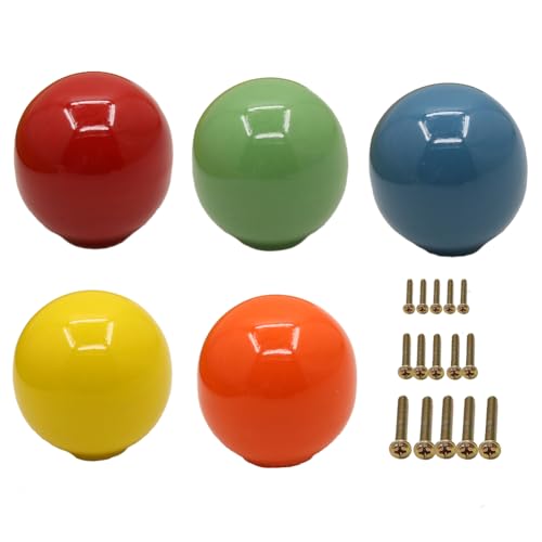 Image of 5 Colors, 1 Each Colorful Ceramic Cabinet Door Handle Wardrobe Drawer Round Ball Single Hole Dressing Tables Furniture Handle Pull (1, 5 Colors, 1 Each red Orange Yellow Green Blue)