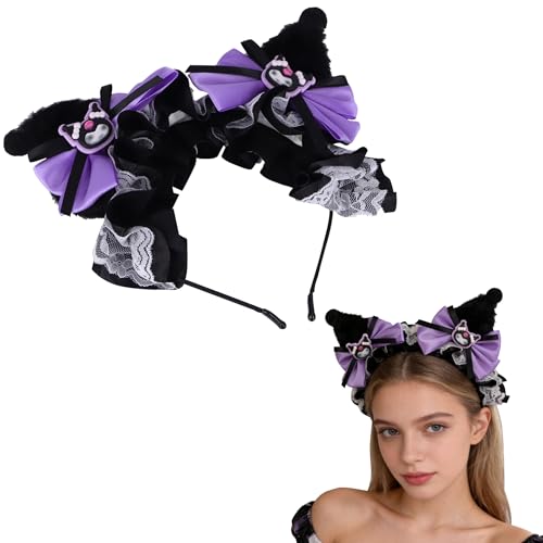 Roffatide Anime Kuromi Hairpin Ear Plush Hairband With Bows & Lace Ribbons Girls Kawaii Costume Halloween Christmas Holiday Party Birthday Gift Black