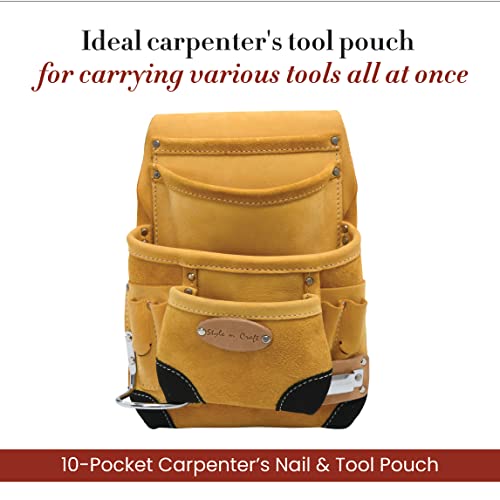 Style N Craft 10-Pocket Carpenter’s Nail & Tool Pouch With Tape Clip, Heavy-Duty Leather Tool Pouch, Perfect And Durable Full-Grain Leather Pouch, Yellow With Black Leather Corners (93924) #TOP1