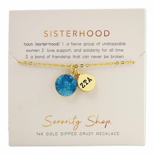 Sorority Shop ZTA Necklace - Zeta Tau Alpha Blue Druzy Gemstone Necklace With Engraved Pendant – 14K Gold Dipped Jewelry with Blue Gemstone – Sorority Gift, Charm Paraphernalia3