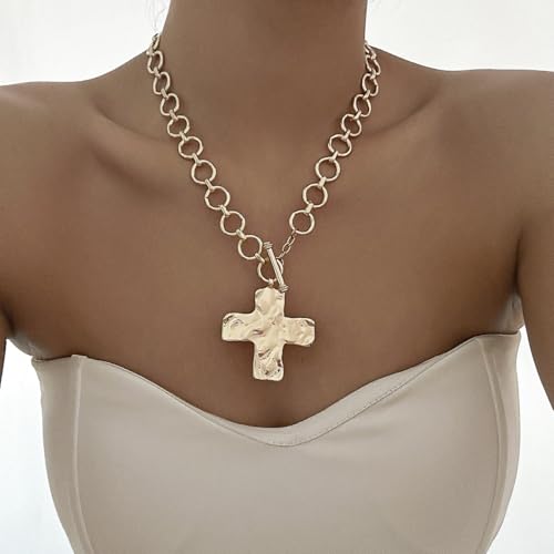 ZMANYIJEW Big Cross Necklace Chunky Statement Gold Cross Pendant Necklace Bold Hammered Cross Necklace Thick OT Buckle Chain Chunky Gold Statement Cross Pendant Necklace3