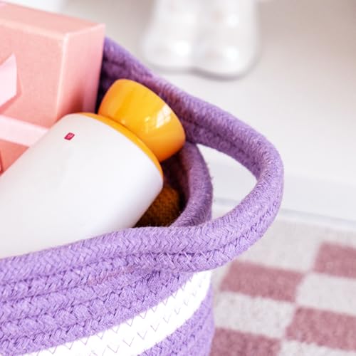Image of Gift Baskets Empty, Small Woven Rope Storage Basket with Bow and Ribbons and Gift Wrap, Bowknot Decorative Gifts Basket with Handles, DIY Storage Organizer Basket for Wedding Graduation, Purple