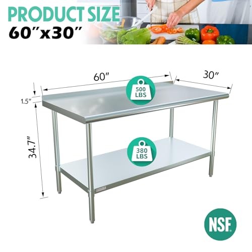 Image of STABLEINK NSF Stainless Steel Table 60x30 Inches with Backsplash, Metal Prep & Work Table with Adjustable Undershelf, for Commercial Kitchen, Restaurant, Laundry and Garage