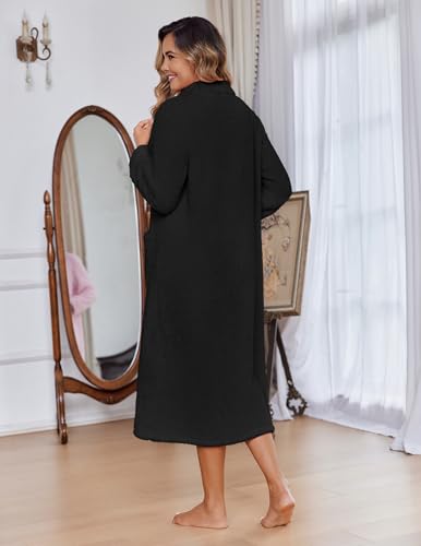 Image of Ekouaer Women Zipper Robe Fleece Long Sleeves Bathrobe Sleepwear Warm Soft Housecoat with Pockets Zip Up House Dresses