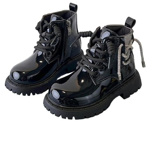 Girls Goth Lace Up Boots Side Zip Up Preppy Style Mid Calf Boots Easy On PU Leather Lug Sole Non-Slip Toddler Shoes