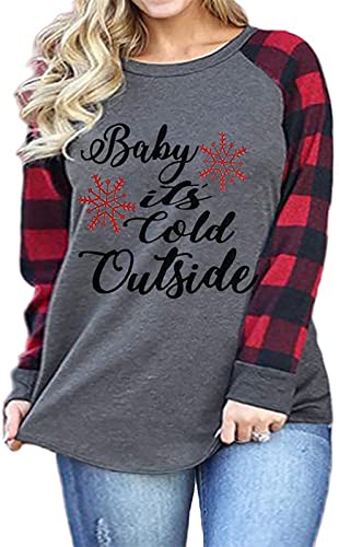 Plus Size Baby It's Cold Outside Christmas T Shirt Women's Plaid Splicing Long Raglan Tops Blouses Size XX-Large (Gray)