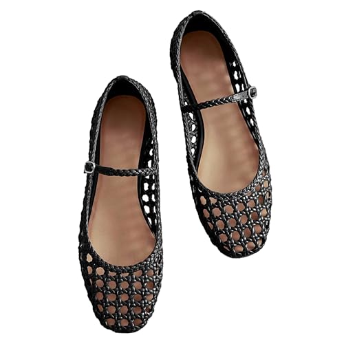 Image of Woven Mesh Ballet Flats for Women Square Toe Mary Jane Flats Buckle Strap Flat Shoes Comfortable Ballerina Flats Dressy Mesh Shoes Casual Mary Janes for Women