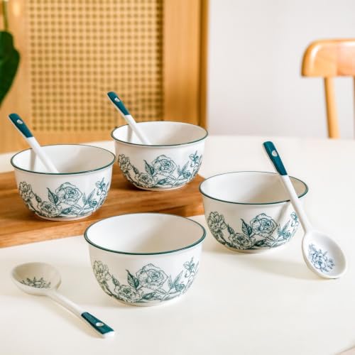 Image of Nestasia Ceramic Soup Bowl with Spoon Set of 4 (400ml Each) - Green Rose Printed Microwave & Dishwasher Safe Bowl Set for Serving Soup, Custard, & Dessert - Perfect for Gifting & Daily Use