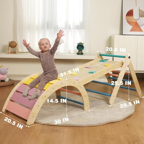 Image of Yopnoyik Pikler Triangle Set with Cushion, 7 in 1 Toddler Climbing Toys Indoor, Montessori Foldable Climbing Set, Wooden Climbing Toys for Toddlers Inside with Ramp, Arch and Ladder (Rainbow)