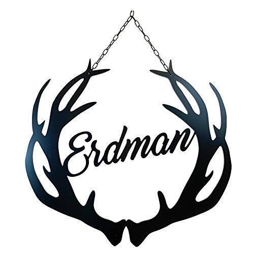 Deer Antler Decor with Script Family Last Name, Metal ACM Buck Antlers Sign Customized For Lady Hunter Gift, Rustic Door Hanger, QUICK Ship (Script Name)
