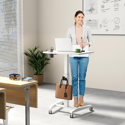 Image of Gibbon Mounts Glass Mobile Rolling Standing Desk on Lockable Wheels, White