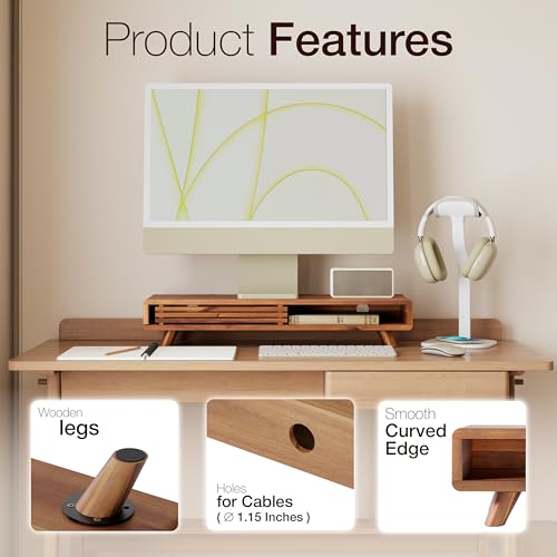 Tinamo Acacia Monitor Stand Riser with Sliding Door - Wooden Monitor Riser for Desk - Computer Monitor Stand for Desk - Multi-Purpose Desktop Storage Stand for Computer; Laptop; TV(24.4 \" x 8\" x 5\") - Thumbnail 2