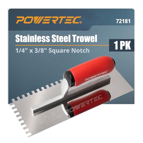 Image of POWERTEC Square Notch Trowel - 1 /4 inch x 3 /8 inch Stainless Steel Square-Notch Tile Trowel with Soft Grip Handle for Thinset Mortar, Mastic & Tile Installation Work (72781)