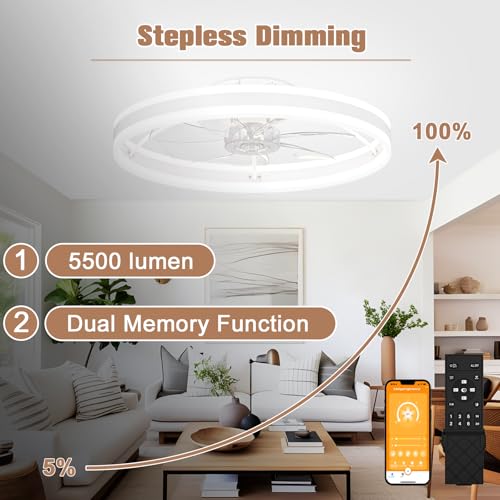 Image of VOLISUN Low Profile Ceiling Fans with Lights and Remote, 23.6in Flush Mount Ceiling Fans with Light, 3000K-6500K Dimmable Fandelier LED Fan Light, White Bladeless Ceiling Fans with Lights for Bedroom