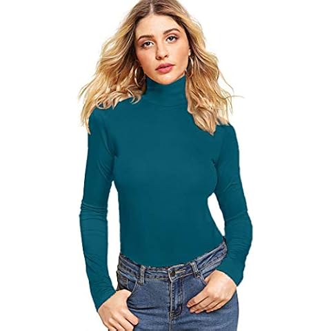 GUBUYI Women's Basic Long Sleeve Turtleneck T-Shirt Solid Casual Slim Cotton Top Base Layers(Peacock Blue/Turtleneck,M) Cover