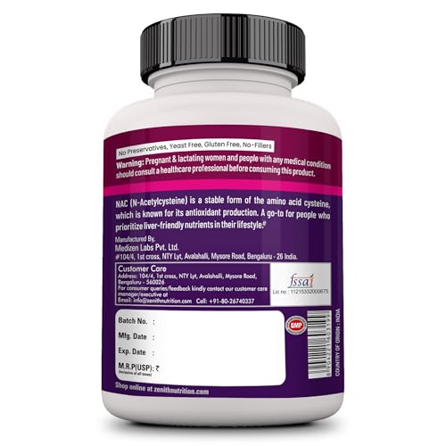 Zenith Nutrition Nac (N-Acetyl L-Cysteine) Liver & Antioxidant Support 500Mg - 60 Veg Capsules