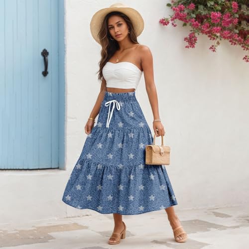 Women's High Waist Long Denim Skirt Button-Fly Tiered Pleated Ruffle Swing Elastic A-Line Jean Maxi Skirt with Pockets4
