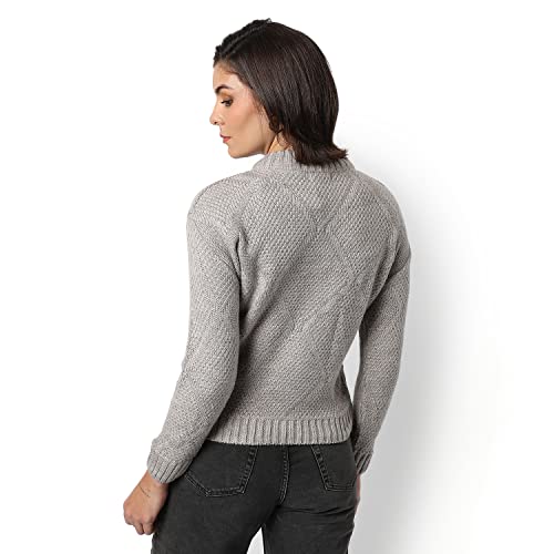 Image of Campus Sutra Women Grey Cable Knit Regular Fit Sweater for Winter Wear | Round Neck | Full Sleeve | Woolen Sweater | Casual Jacket for Woman & Girl | Western Stylish Jacket for Women