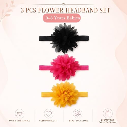 Image of Babymoon Set of 3 | Plain Flowers Soft Synthetic Hairbands for Baby Girls, Infants and Toddlers Headbands | Black-Yellow-Darkpink