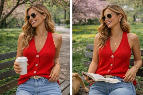 Image of Womens Button-Front Sweater Vest Top V Neck Sleeveless Knit Tank Fitted Halter Raceback Cardigan Vest