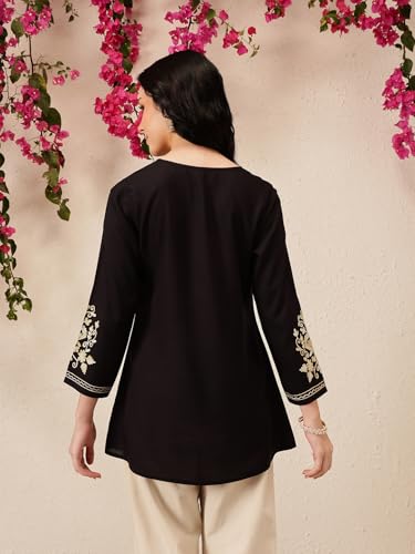 Image of QAZMI Women's Jasmine Kashimiri Aari Embroidered Viscose Rayon A-Line Flared Short Kurti
