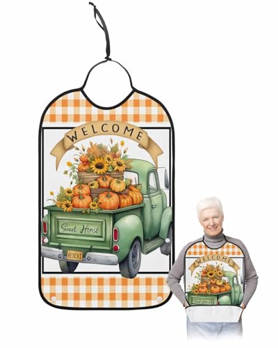 Fall Green Truck Pumpkin Adult Bib for Adults Men,Women,Thanksgiving Buffalo Plaid Orange Washable & Adjustable Terry Cloth Bib with Crumb Catcher Reusable Waterproof Clothing Clothes Protector Apron