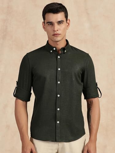 Image of Thomas Scott Men's | Solid | Textured Fabric | Full Sleeve | Slim Fit | Polyester-Blend | Spread Collar | Casual Shirt