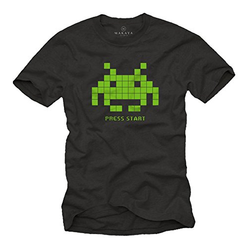 Makaya Vintage Gamer Tee - Retro Motif Space Invaders - T-Shirt Geek Homme Noir M