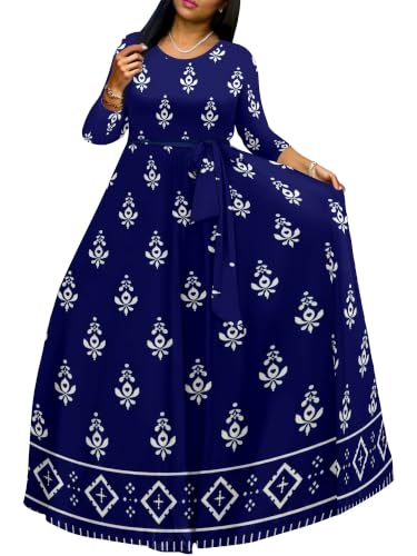 Image of Women Plus Size Long Sleeve V Neck Maxi Dress with Belt | Soft fabric relaxed fit three quarter sleeve v neck with pockets for party and daily wear
