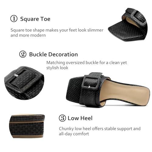 Image of Women's Slide Heeled Sandals Opened Square Toe Chunky Block Heel Slippers with Buckle Slip on Casual Comfortable Pumps