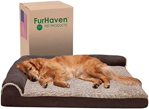 Furhaven Orthopedic Dog Bed for Large Dogs w/ Removable Bolsters & Washable Cover, For Dogs Up to 95 lbs - Two-Tone Plush Faux Fur & Suede L Shaped Chaise - Espresso, Jumbo/XL
