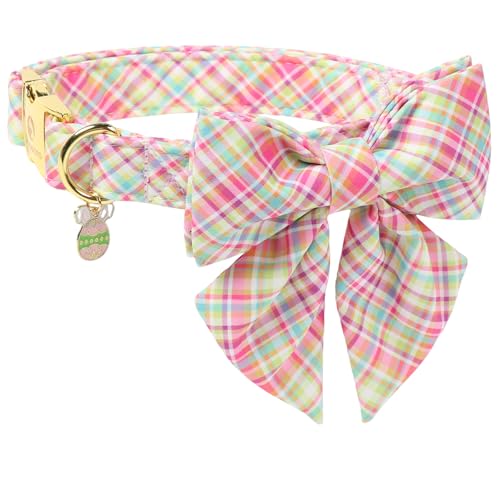 Image of DOGWONG Easer Dog Collar with Sailor Bow,Colorful Plaid Dog Collar, Adjustable Durable Soft Easter Dog Collars for Male Female Dogs,S