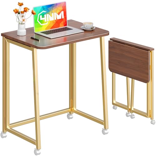 Image of 4NM 23.6 inch Mobile Small Folding Desk, Foldable Rolling Computer Home Office Desk, Study Writing Table for Small Space Saving Bedroom, with Wheels - Brown and Gold