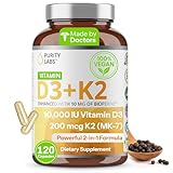 Purity Labs Vitamin D3 K2 10000 IU, (250mcg) D3 + 200mcg K2 MK7 - Immune Support Supplement Enhanced with Bioperine - Supplements for Daily Defense, Bone, Muscle & Skin Health - 120 Capsules