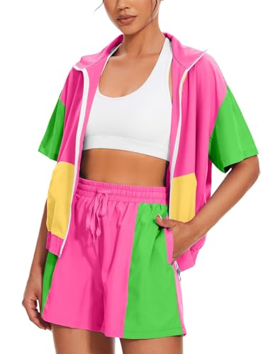 UOUA Womens 80s Color Block Outfits 2 Piece Tracksuit 90s Party Costume Summer Zip Up Windbreaker & Short Sets Neon Clothing Pink L