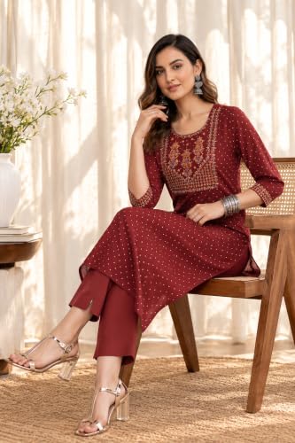 Image of MIRCHI FASHION Women's Straight Fit Rayon Sequins Embroidered and Polka Dots Printed Kurti Only