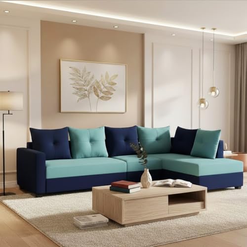Image of SOCOZI Oriana 6 Seater RHS L Shape Sofa Set | Soft Velvet Suede Fabric | Modern Design | Plush Comfort Cushions for Living Room (Sky Blue-Dark Blue)