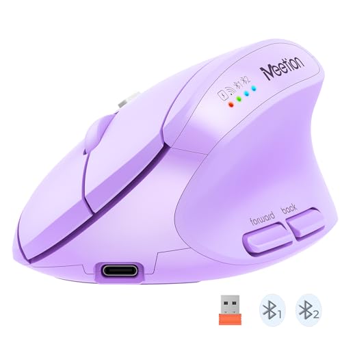 Image of MEETION Ergonomic Mouse, Wireless Mouse, Bluetooth Vertical Rechargeable Mice, 4 Adjustable DPI 800-2400, Bluetooth 5.2+5.2+USB Mouse for Windows /Mac, for Laptop /PC /Desktop /Computer /iPad - Purple