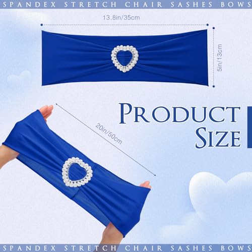 VitalCozy 100 Pcs Spandex Chair Sashes with Heart Shaped Buckle Slider Stretch Chair Cover Band Universal Elastic Ties for Wedding Banquet Event Party Decoration(Royal Blue)