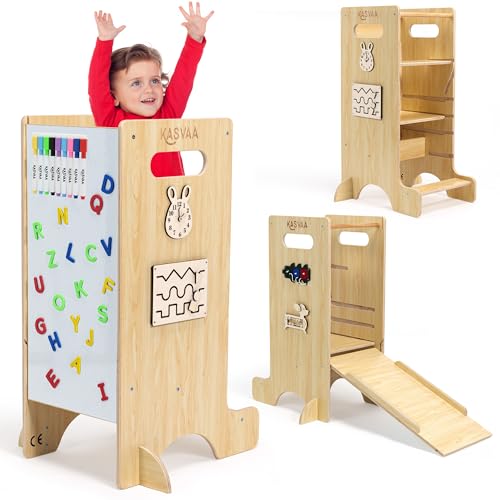 KASVAA – Torre de Aprendizaje Montessori 3 en 1 Premium con Tobogán, Pizarra Magnética y 4 Juegos Laterales – Madera Multicapa Certificada CE/EN71 – Evolutiva, Segura y hasta 60 kg