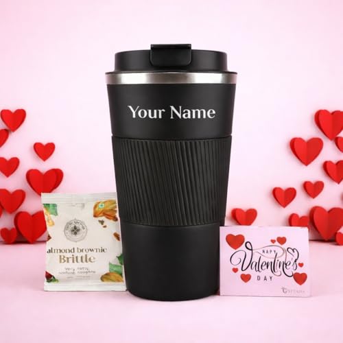 Image of Giftana Valentine's Day Hampers for Gifting with Valentines Card, Personalized Coffee Tumbler Set with Brownie Brittle Gift Set for Men and Women, Valentine's Day Gifts for Family (Black,510ml)
