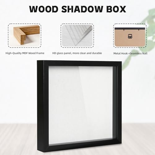 Image of Muzilife 10x10 Shadow Box Picture Frame with Linen Board - Deep Wood & Glass Display Case Ready to Hang Perfect to Display Baby & Sports Memorabilia, Pins, Awards, Medals, Tickets and Photos (Black)