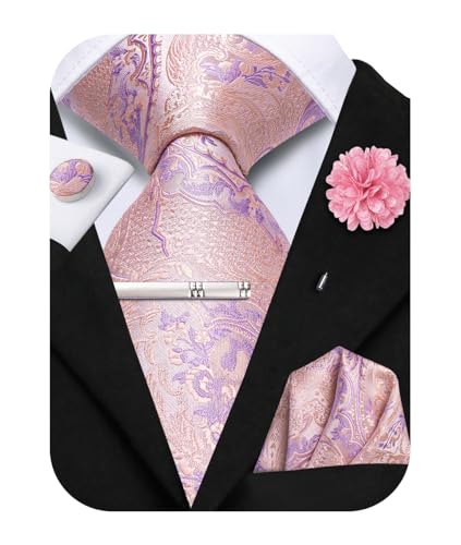Image of Hi-Tie Mens Light Pink Purple Necktie Set Silk Jacquard Tie and Pocket Square Lapel Pin Silver Tie Clip Cufflinks Set Wedding Business 6PCS