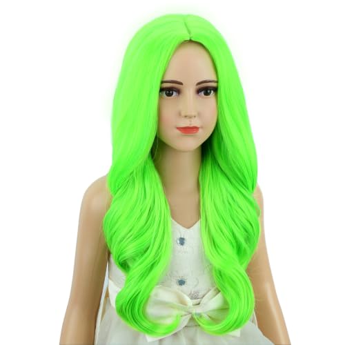 Image of Neon Green Wig for Kids Girls Long Green Ombre Middle Part Wig Children Light Green Wavy Curly Wig Heat Resistant Synthetic Wig with Wig Cap