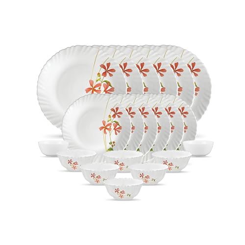 Image of La Opala Novo Collection Opal Glass Crockery | for Family of 6 | Dinner Set 20 pcs Coral Charm | Plates & Bowls for Dining | Microwave Safe | 100% Vegetarian | Extra Strong | Light & White